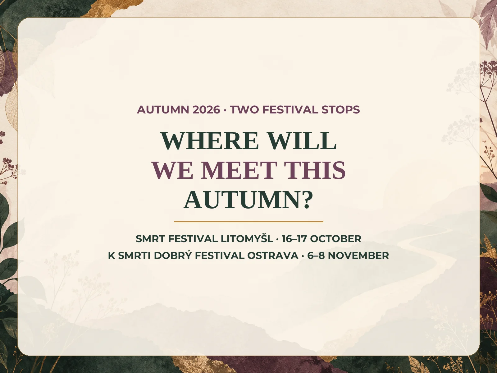 Autumn invitation with three hand-painted coffins and a portrait of Mirka Kosečková