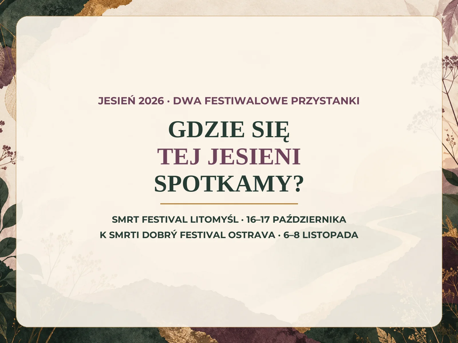 Jesienne zaproszenie z trzema ręcznie malowanymi trumnami i portretem Mirki Kosečkovej