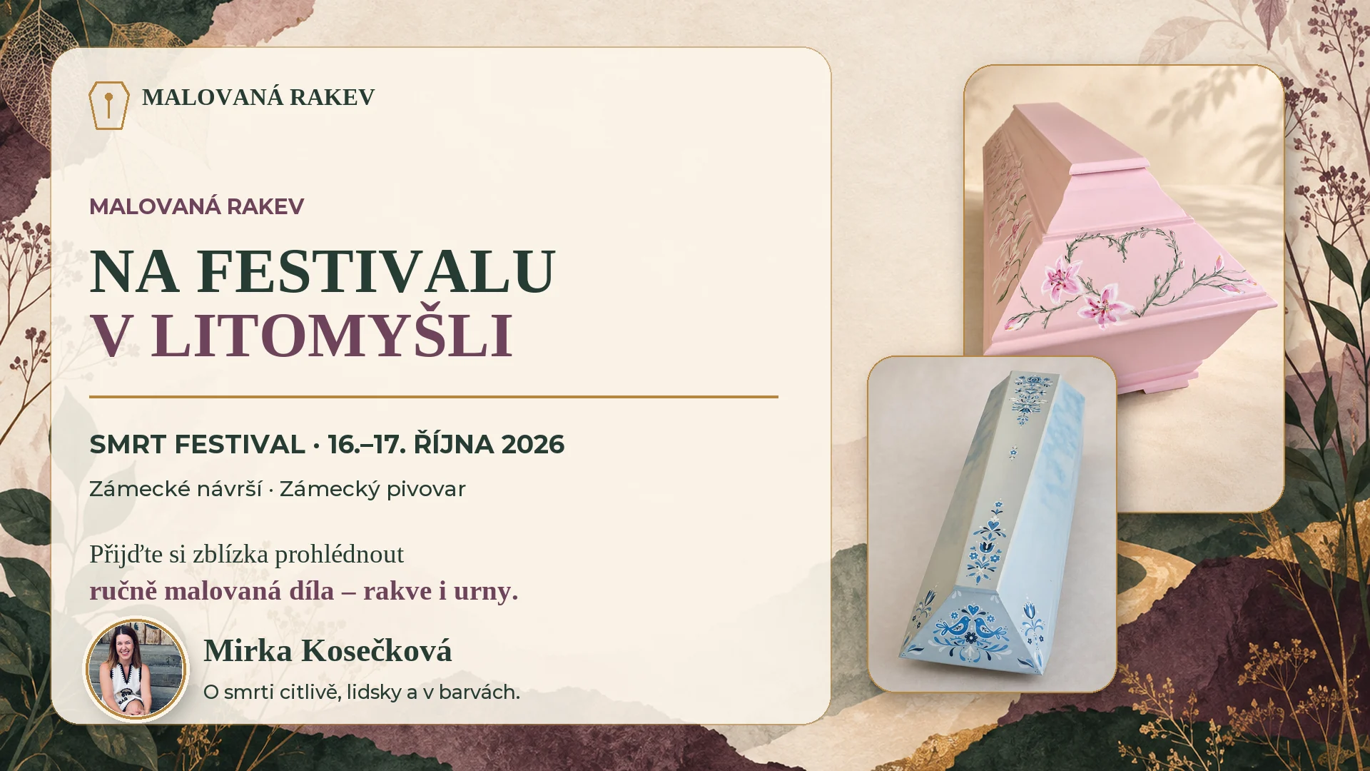 Banner del festival con due bare dipinte a mano e ritratto circolare di Mirka Kosečková