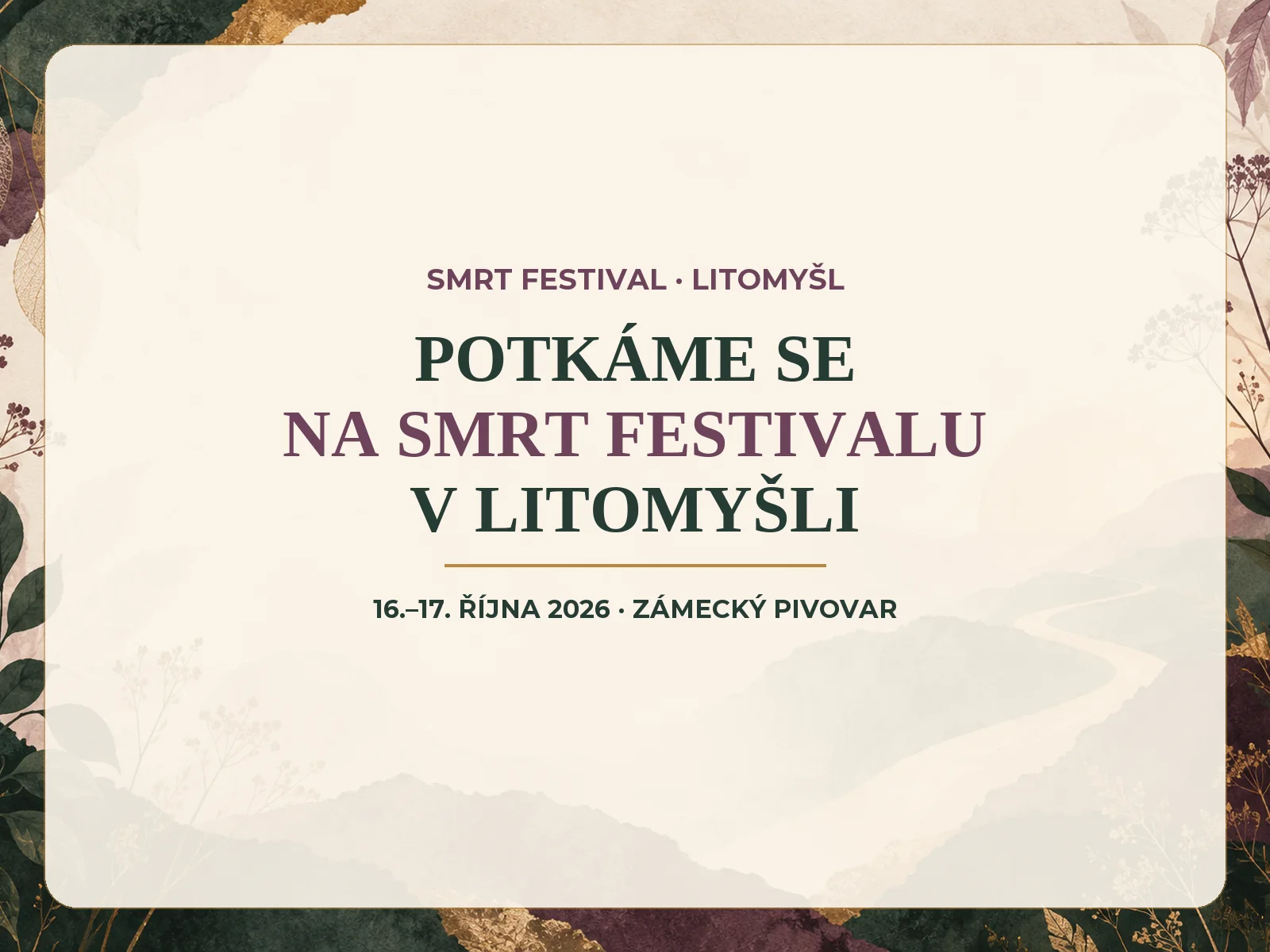 Festivalový banner se dvěma ručně malovanými rakvemi a portrétem Mirky Kosečkové v kolečku
