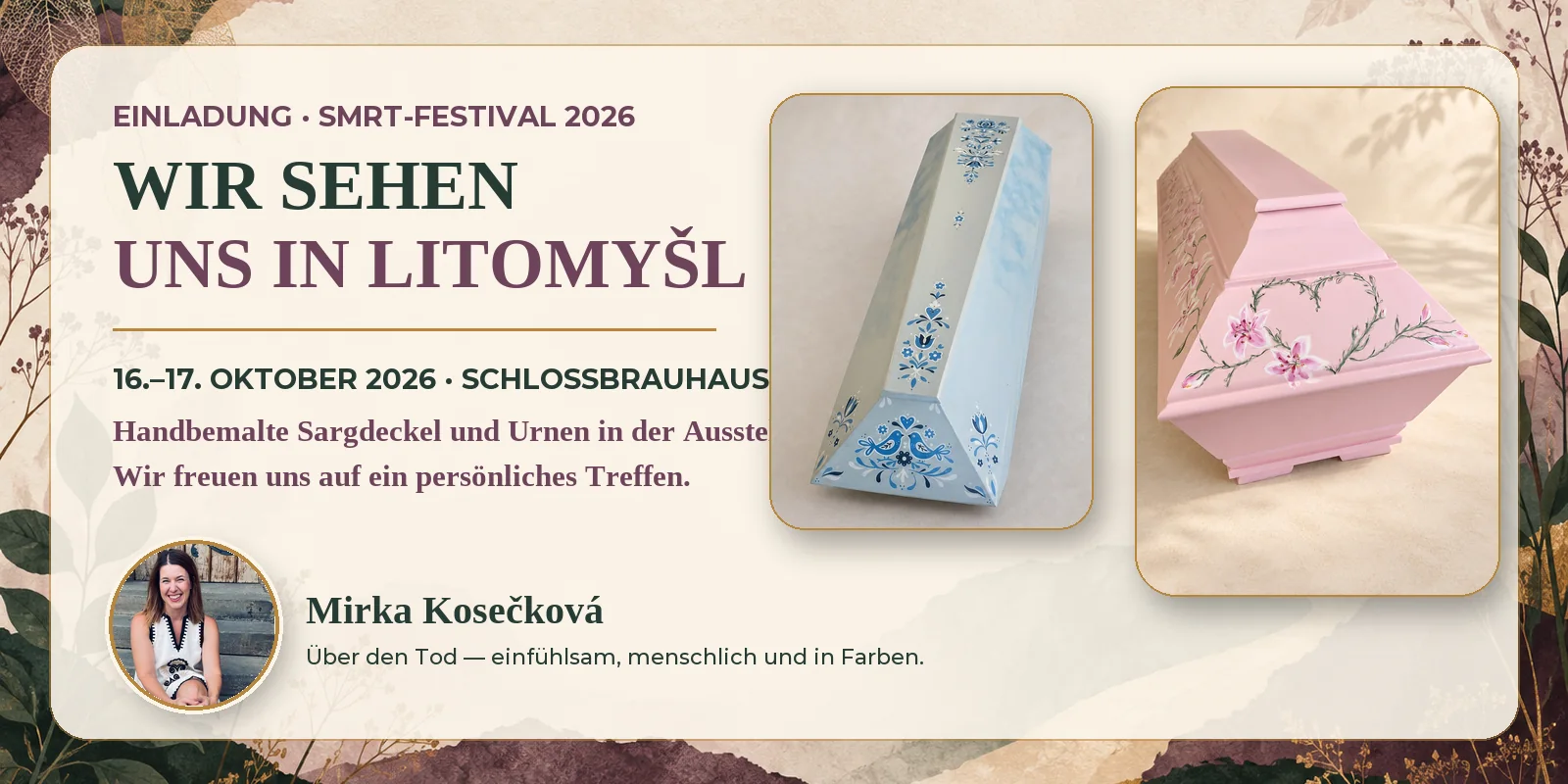 Einladung zum Smrt-Festival in Litomyšl 2026 mit Porträt von Mirka Kosečková und zwei handbemalten Särgen