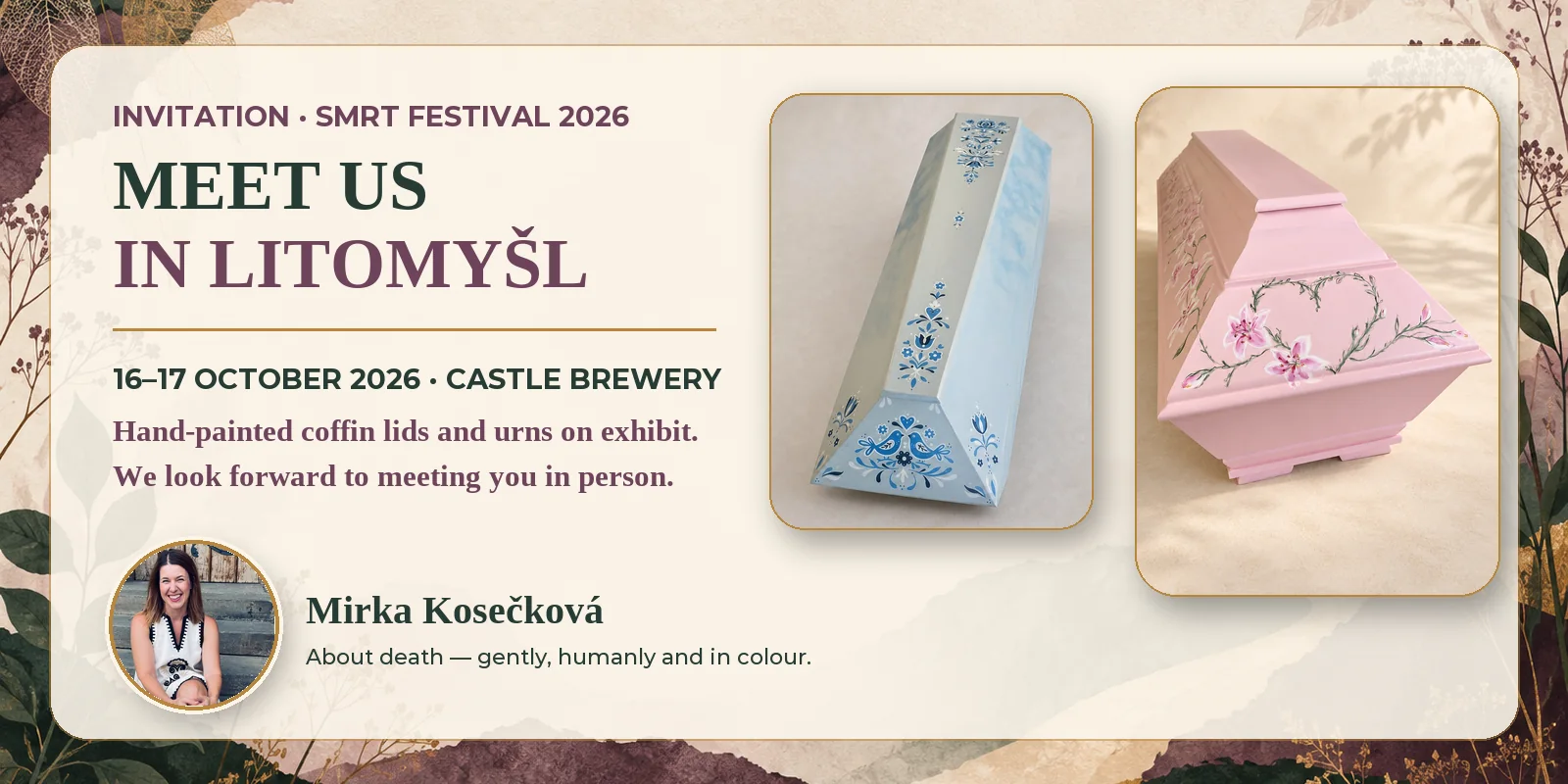 Invitation to the Smrt Festival in Litomyšl 2026 with a portrait of Mirka Kosečková and two hand-painted coffins