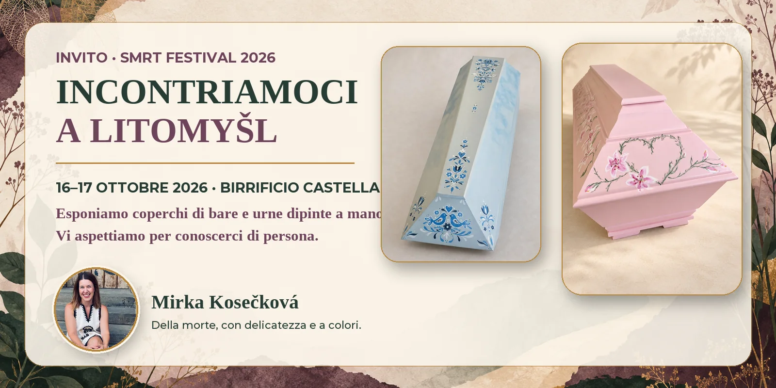 Invito al Smrt Festival di Litomyšl 2026 con ritratto di Mirka Kosečková e due bare dipinte a mano