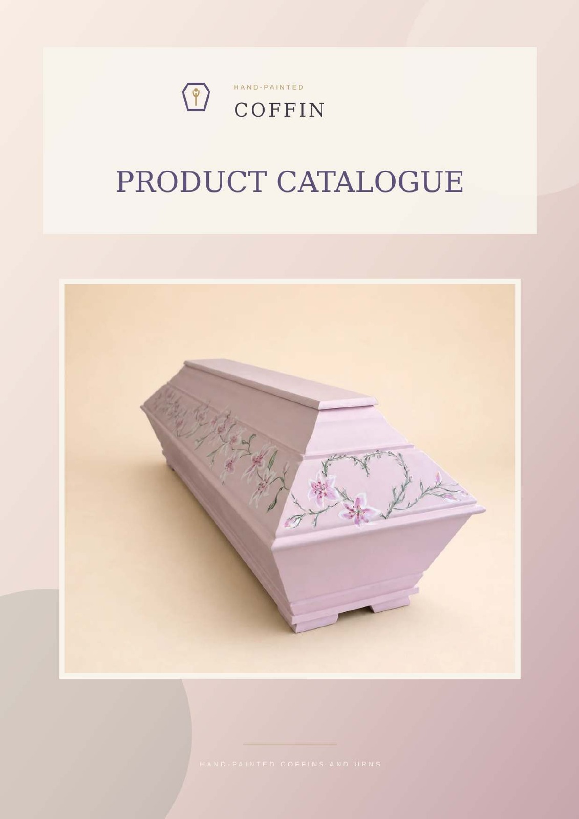 Cover of the English sixteen-page product catalogue of hand-painted coffins