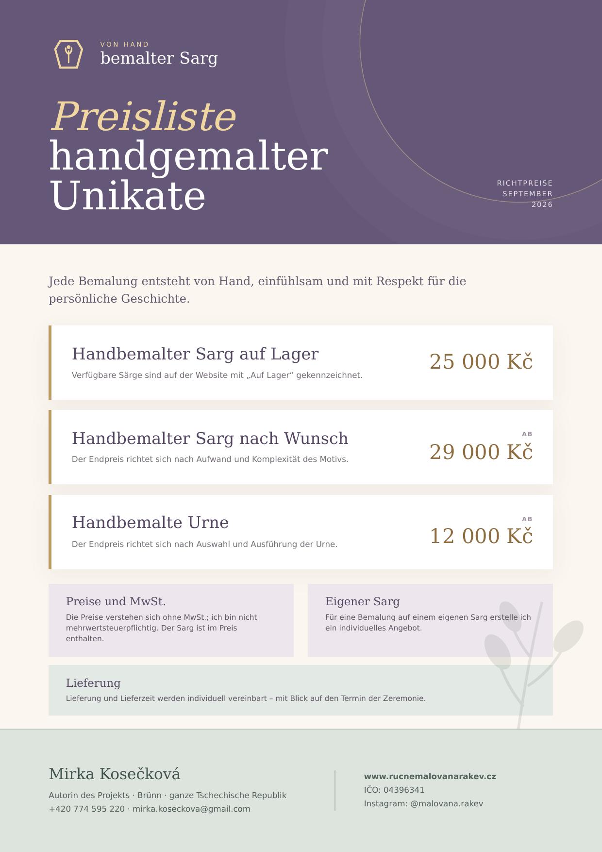 Náhled německé verze ceníku Handbemalter Sarg