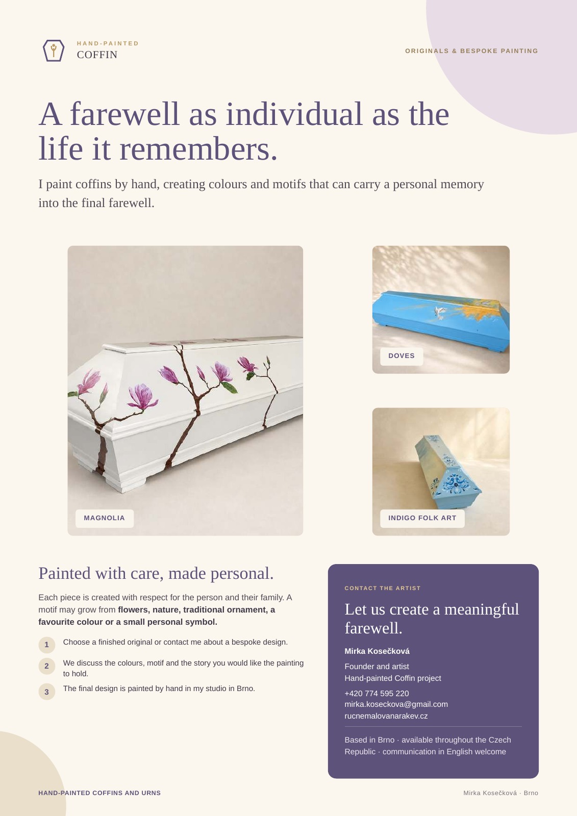 Preview of the English A4 flyer about hand-painted coffins